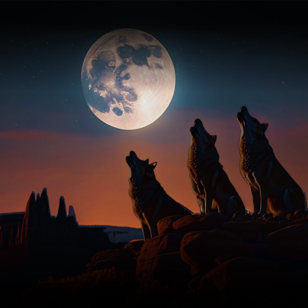 Image shows wolves howling at the moon