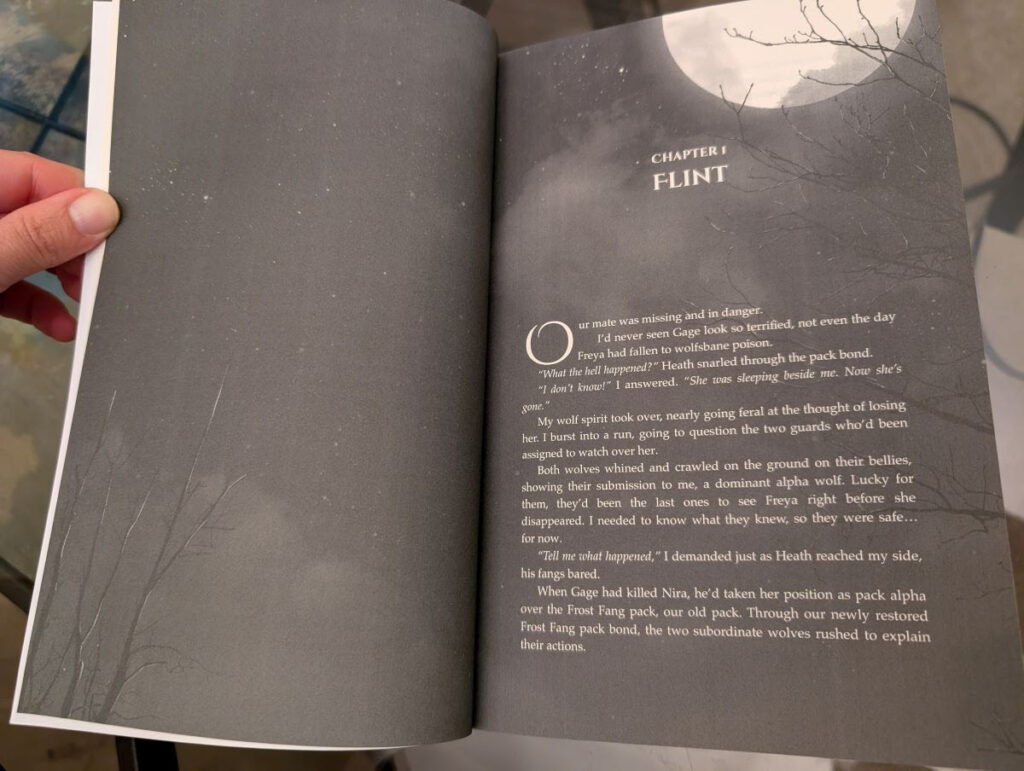 Rejected Wolf Pack Book 3 interior showing a full moon reverse print