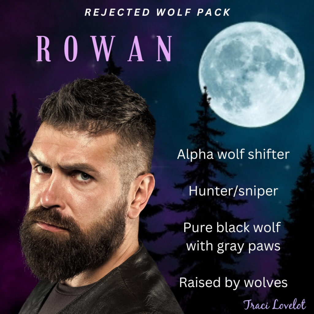 Rowan: alpha wolf shifter, hunter/sniper, pure black wolf, raised by wolves