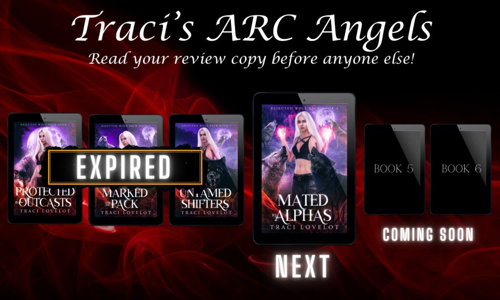 Rejected Wolf Pack series graphic highlighting Book 4: Mated to Alphas by Traci Lovelot. Showing covers one, two, three and four of the series which have huge alpha wolves and the female main character, Freya.