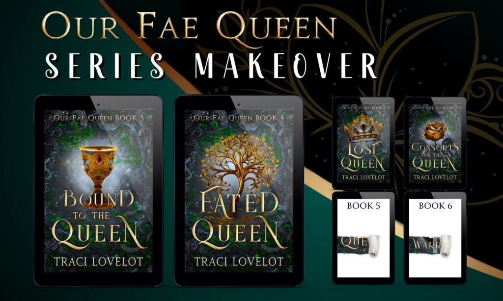 Our Fae Queen series makeover shows the next two new covers, one with a chalice and one with a golden tree of life