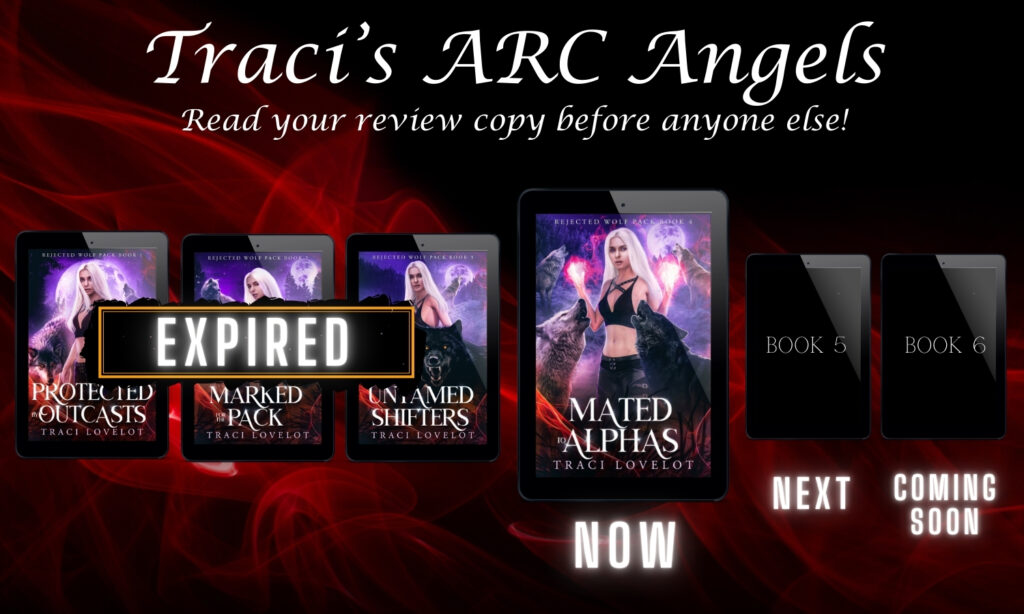 Rejected Wolf Pack series graphic highlighting Book 4: Mated to Alphas by Traci Lovelot. Showing covers one, two, three and four of the series which have huge alpha wolves and the female main character, Freya.