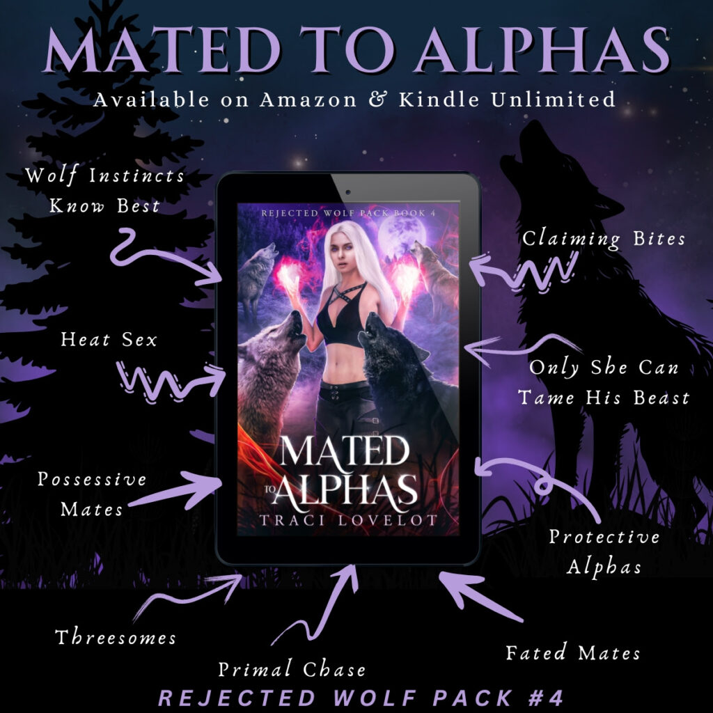 Mated to Alphas shows Freya surrounded by her four alpha wolves as magic swirls around them